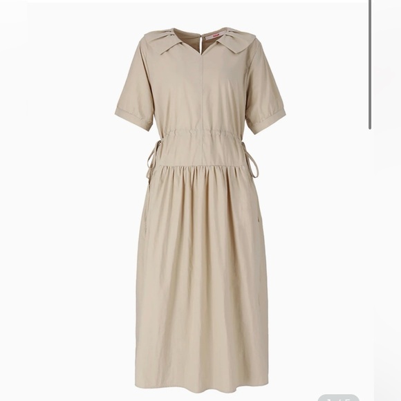 Dresses & Skirts - Masion Limo Beige Midi Dress Puff Sleeve Drawstring Waist Minimalist Chic